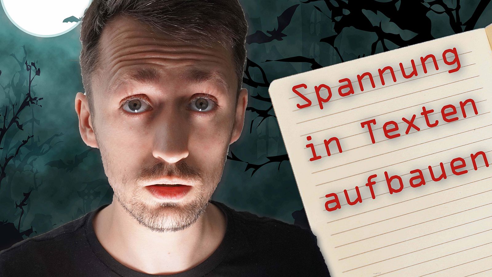 Fabian Navarro vor einem düsteren Hintergrund mit der Überschrift "Spannung in Texten aufbauen"
