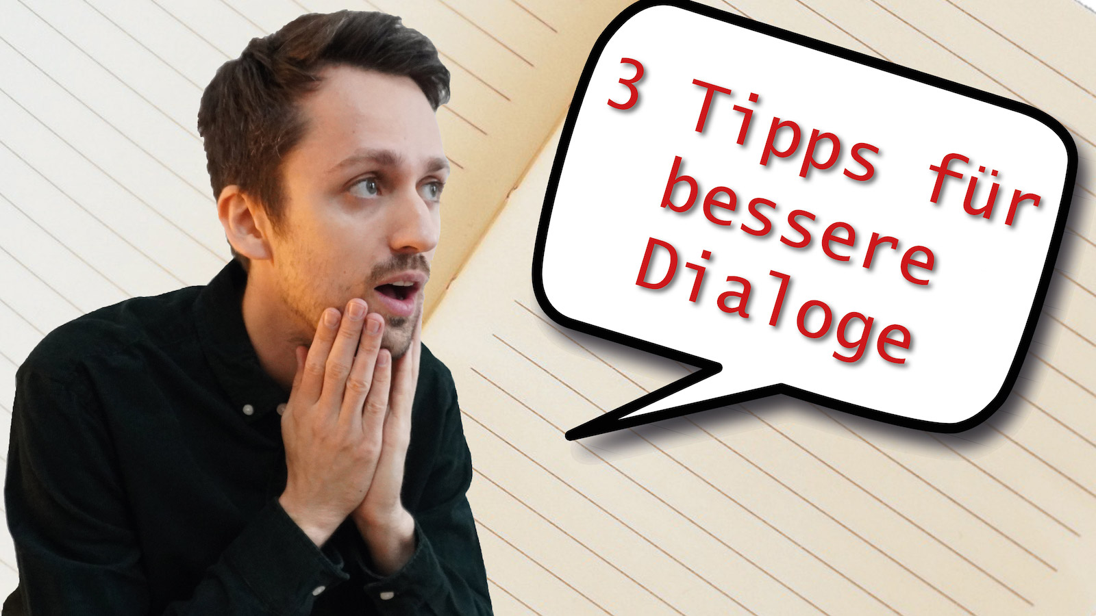 Fabian Navarro mit einer Sprechblase, in der steht: "3 Tipps für bessere Dialoge".