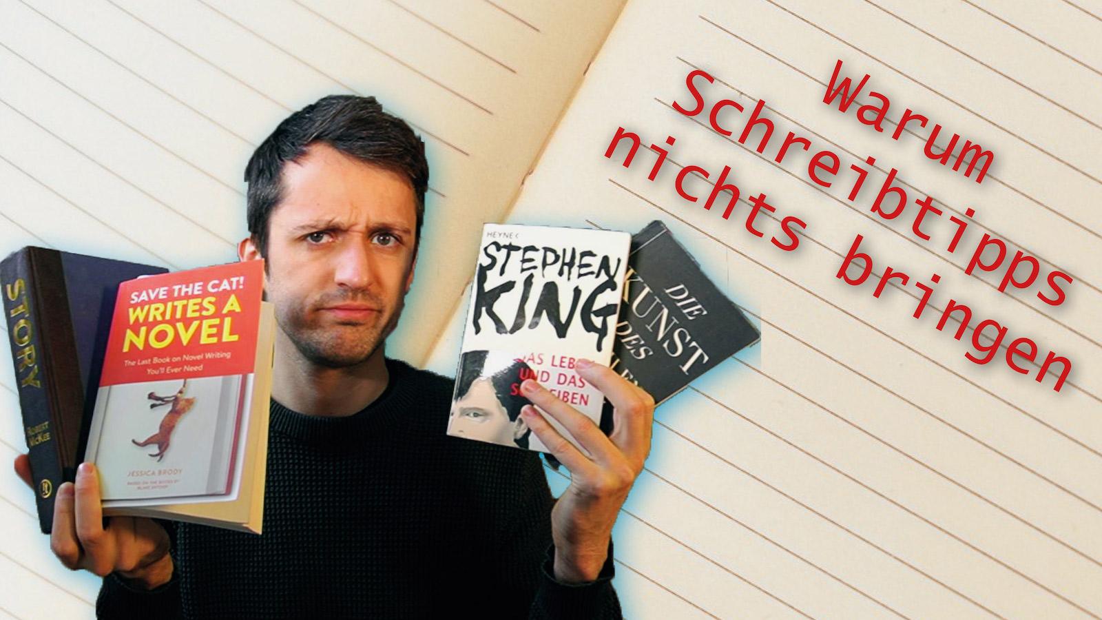 Fabian Navarro mit Büchern in der Hand vor dem Schriftzug "Warum Schreibtipps nichts bringen"