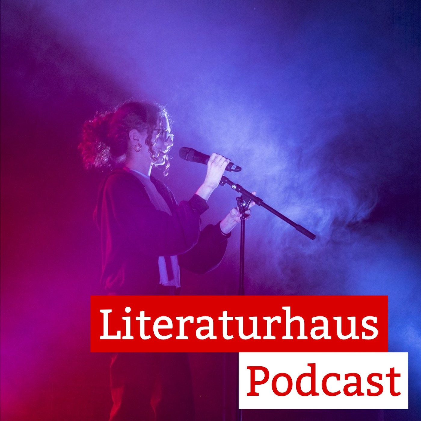 Foto von Lucia Lucia auf einer Bühne mit dem Schriftzug des Literaturhaus-Podcasts