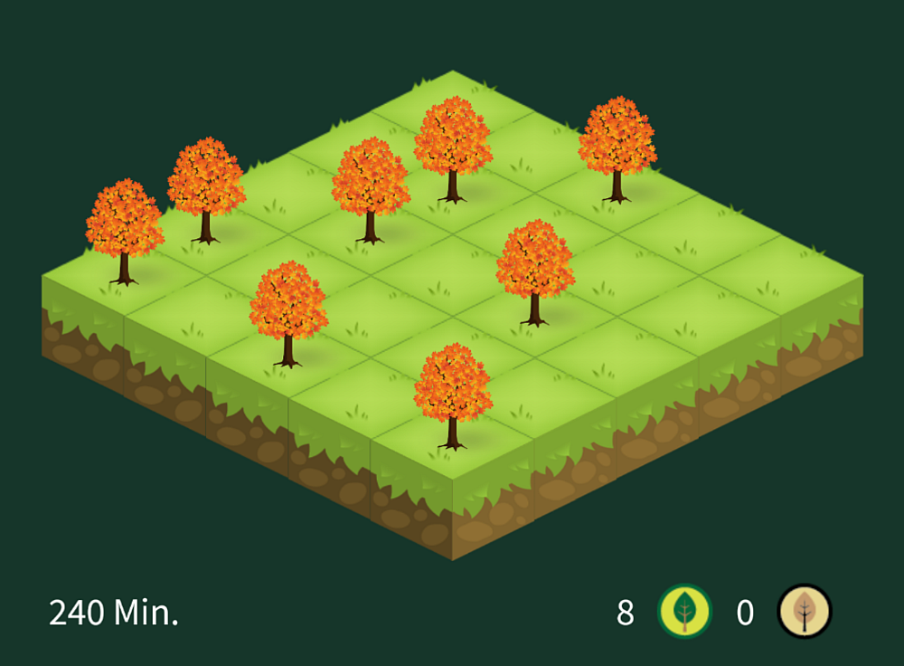 Ein Bild aus einem Computerspiel: Eine quadratische Feldfläche mit verteilten orange-farbenen Bäumen