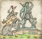 Vier Tiere stehen neben einer Statue.