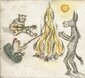 Katze, Hahn und Esel um Lagerfeuer